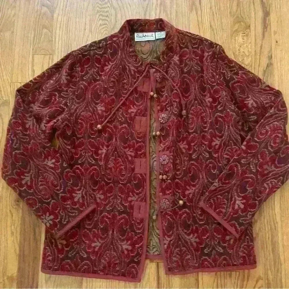 Vintage 90s Flashback Tapestry Jacket Red Burgundy Wooden Size M Button Detail - Picture 8 of 10